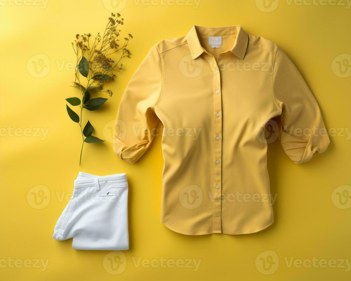 a yellow shirt and white pants on a yellow background generative ai photo