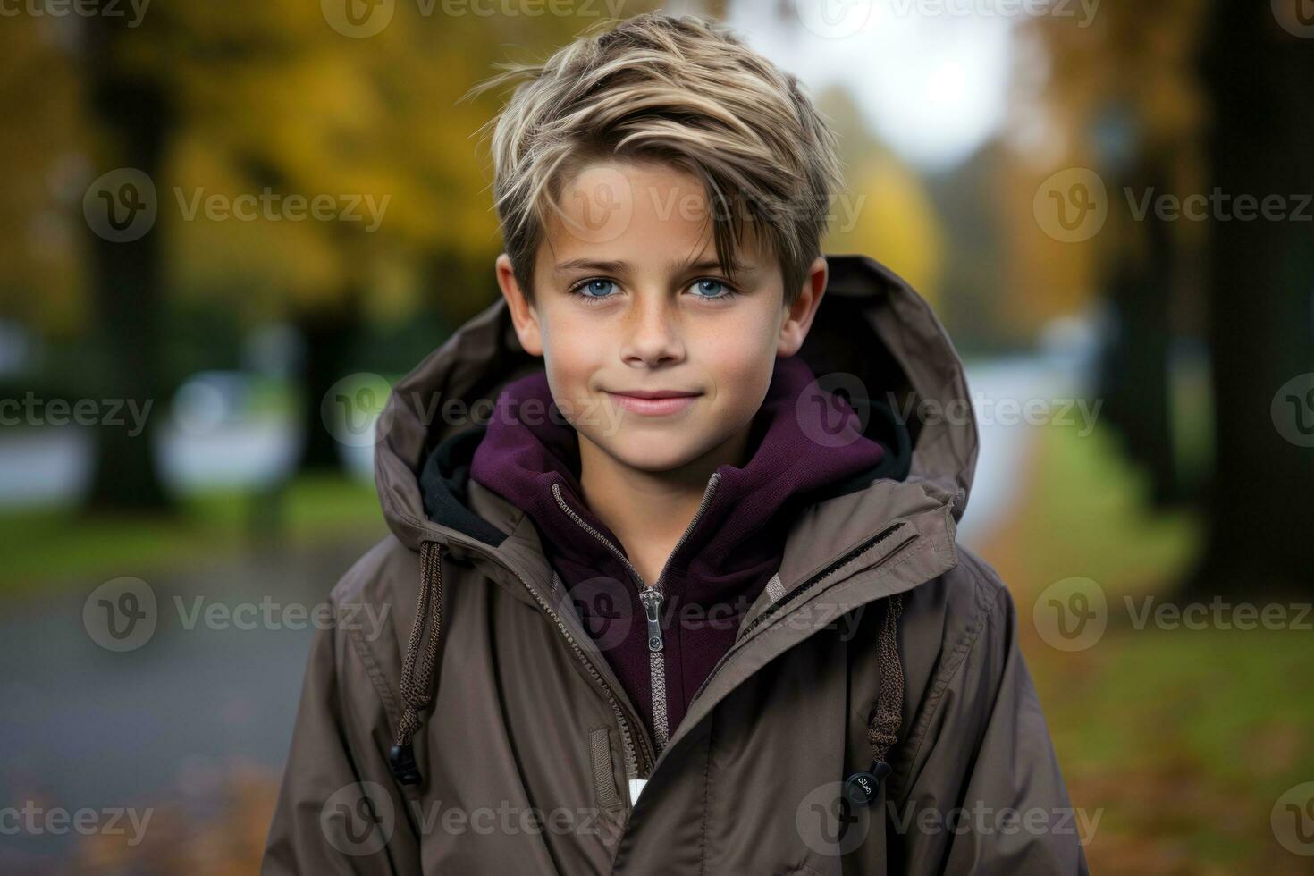 a young boy in a brown jacket standing in the middle of a road generative ai photo