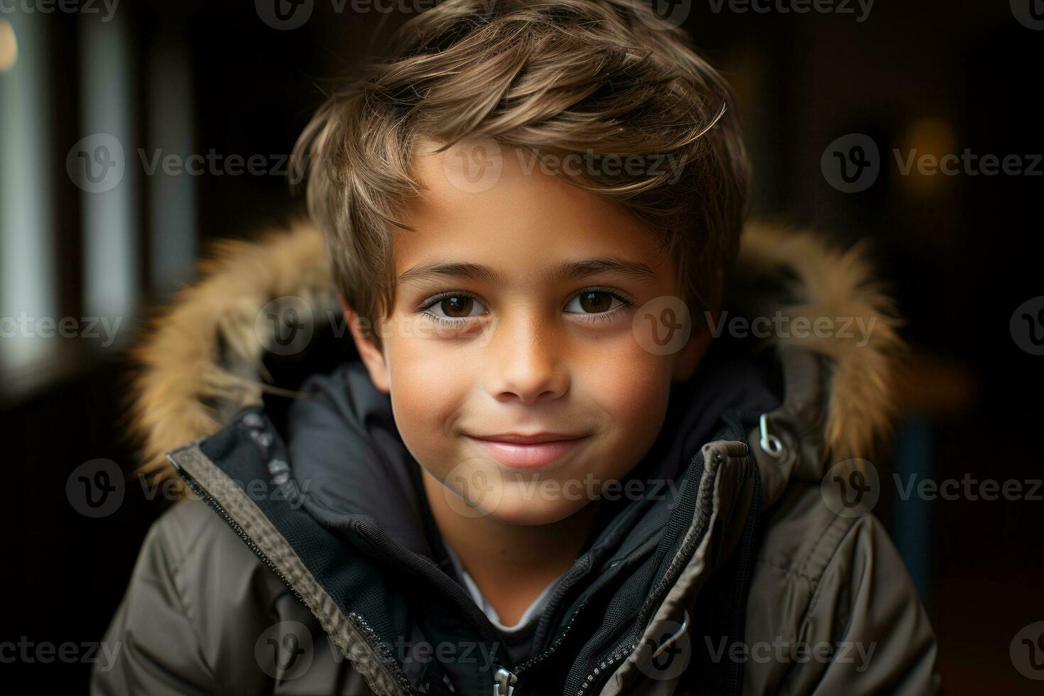 a young boy in a coat and hoodie looking at the camera generative ai photo