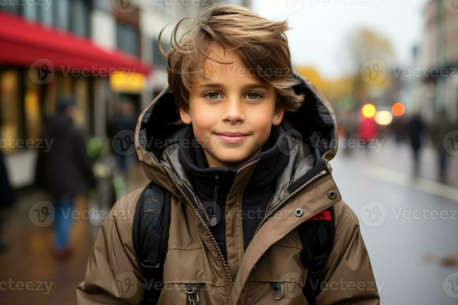 a young boy in a coat standing on a city street generative ai photo