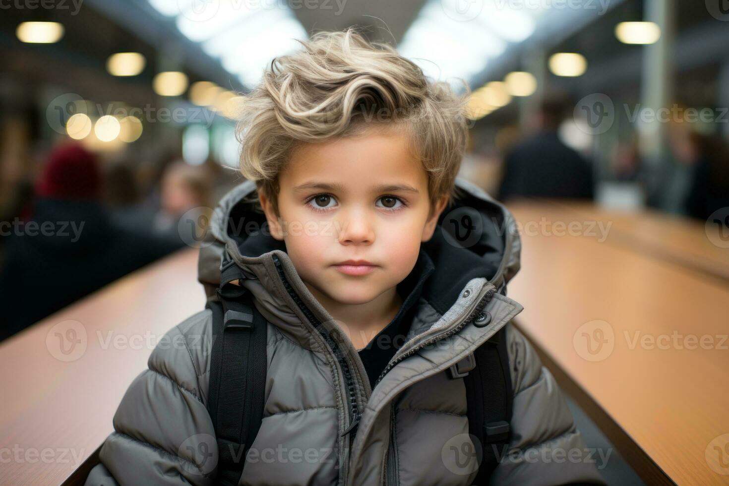 a young boy in a gray jacket sitting at a table generative ai photo