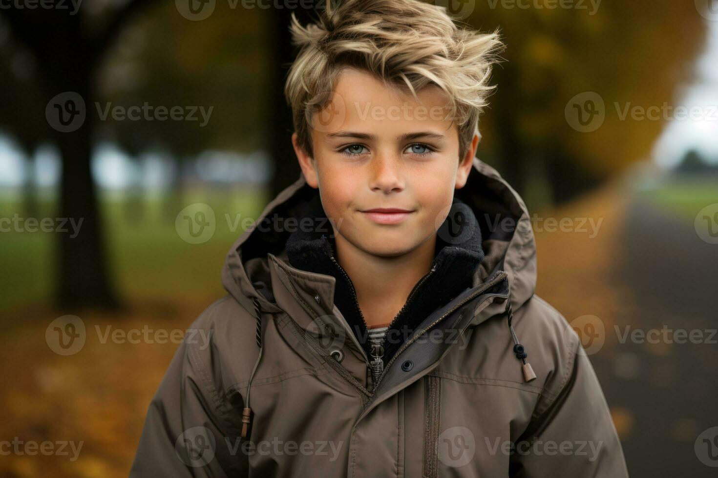 a young boy in a jacket standing in the middle of a road generative ai photo