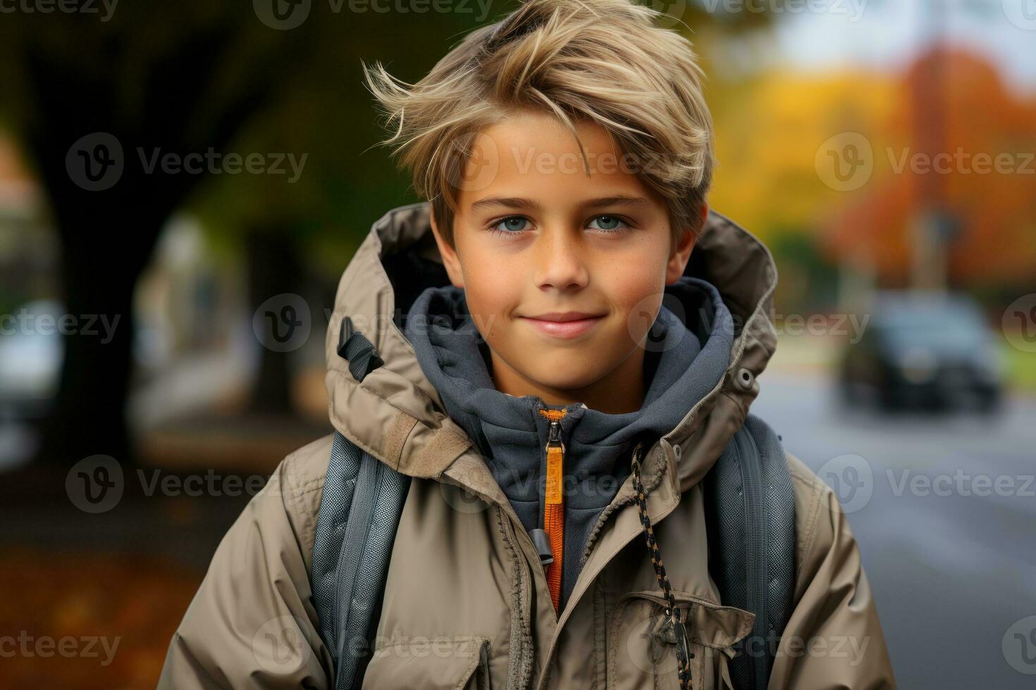 a young boy in a jacket standing on the street generative ai photo