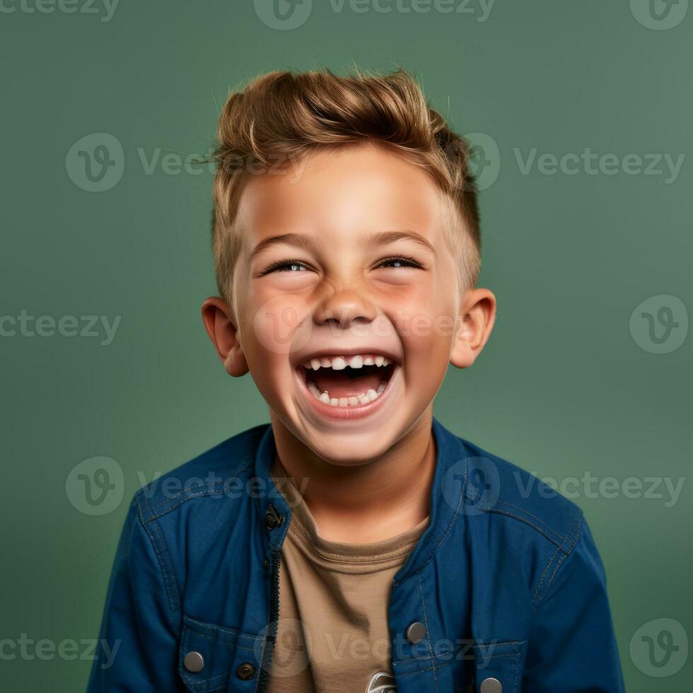 a young boy is laughing and smiling in front of a green background generative ai photo