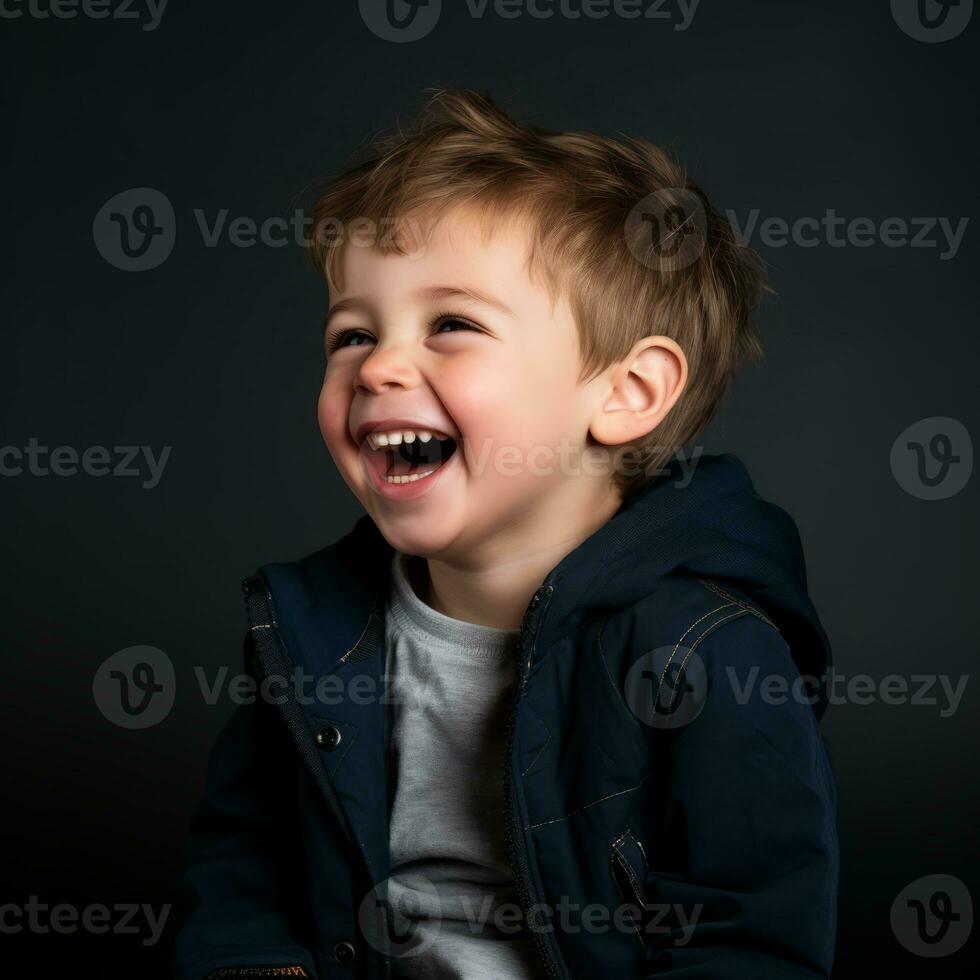 a young boy is laughing in front of a black background generative ai photo