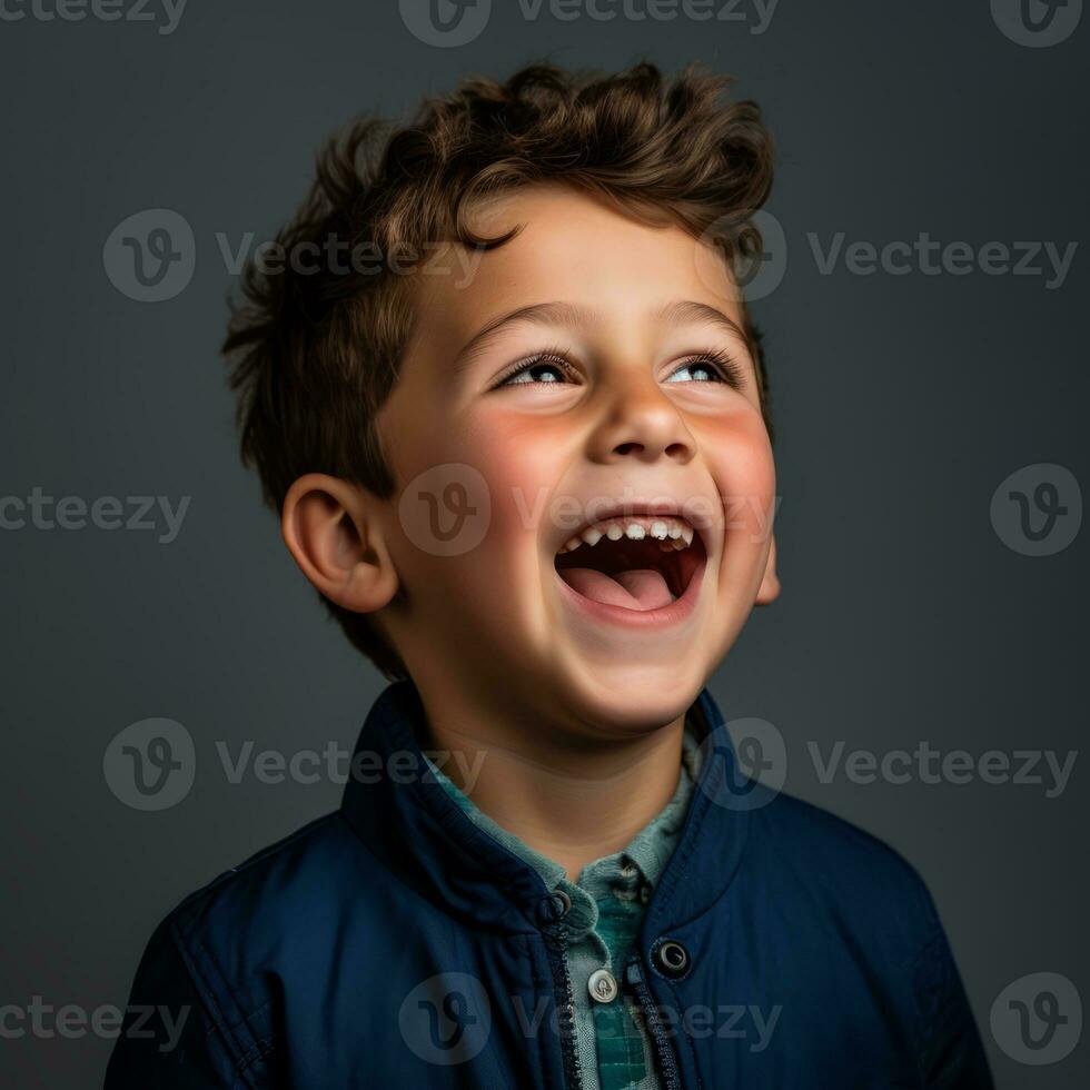 a young boy is laughing in front of a dark background generative ai photo