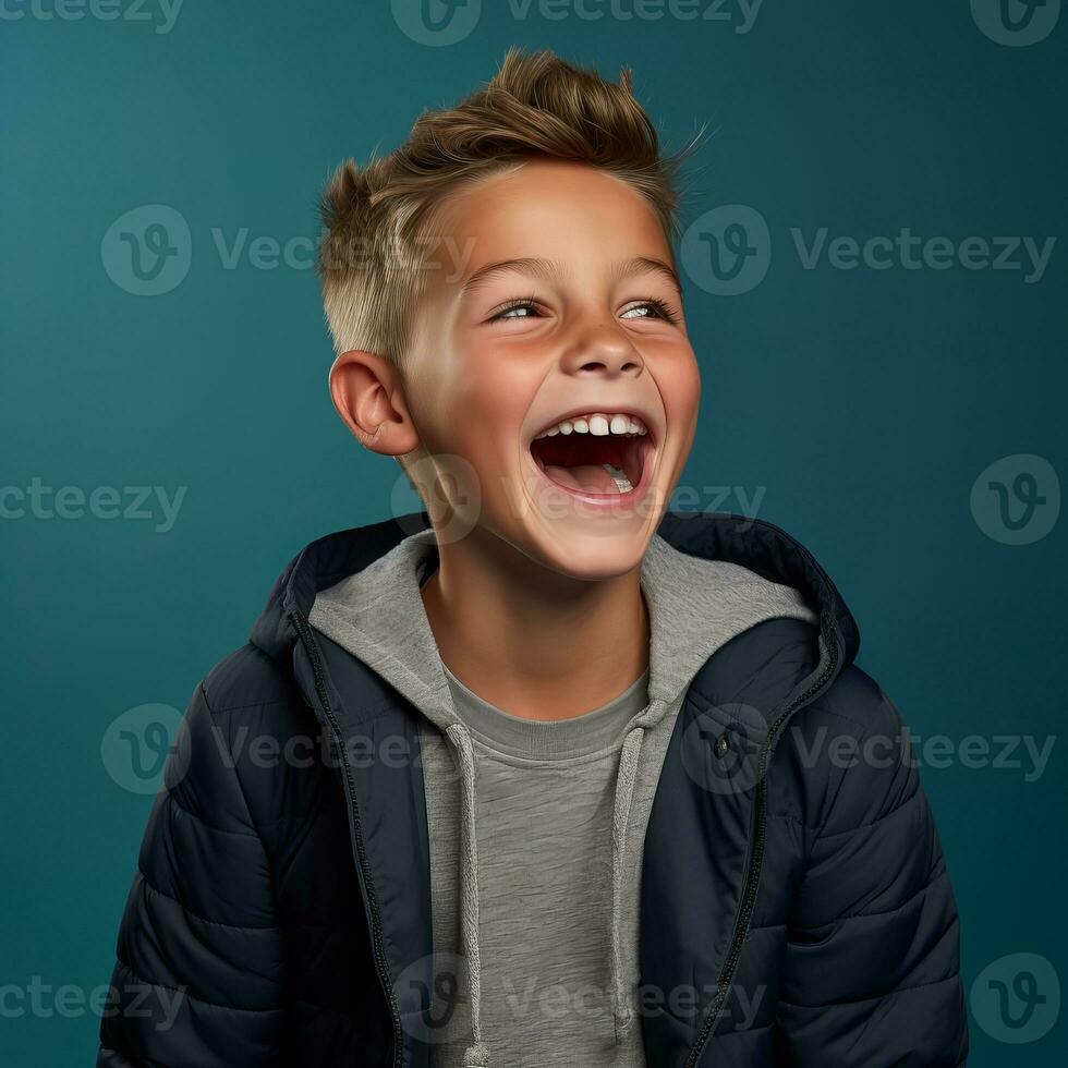 a young boy is laughing while wearing a jacket generative ai photo