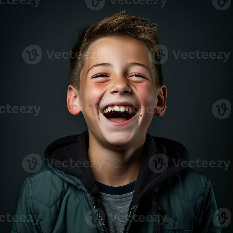 a young boy is laughing in front of a black background generative ai photo