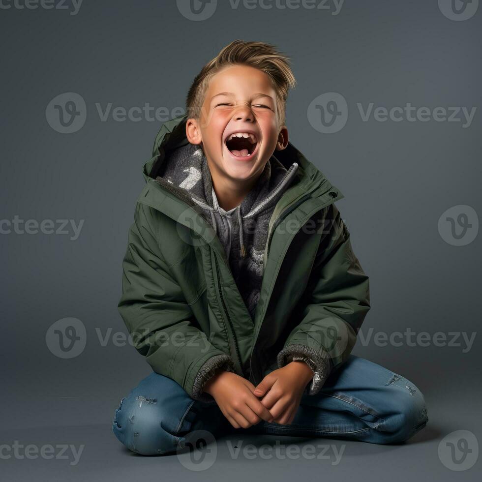 a young boy is laughing while sitting on the floor generative ai photo