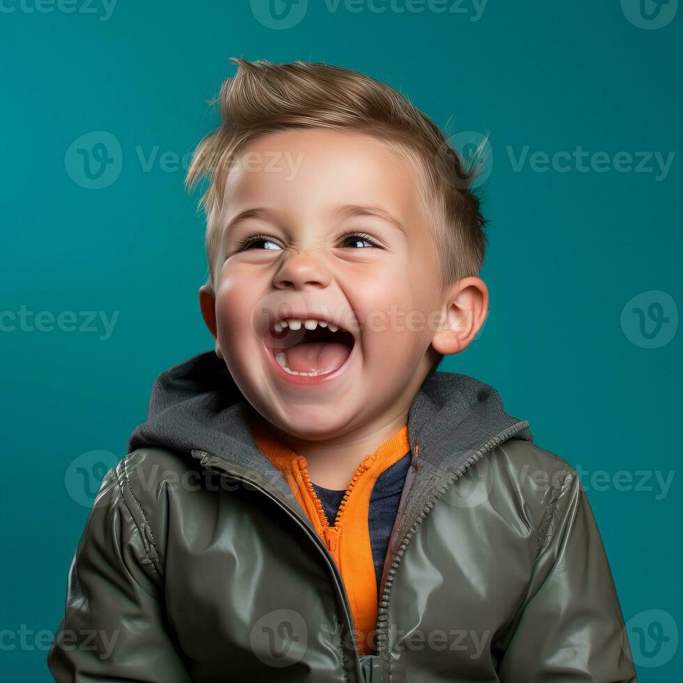 a young boy is laughing while wearing a jacket generative ai photo