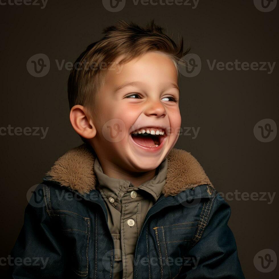 a young boy is laughing while wearing a jacket generative ai photo