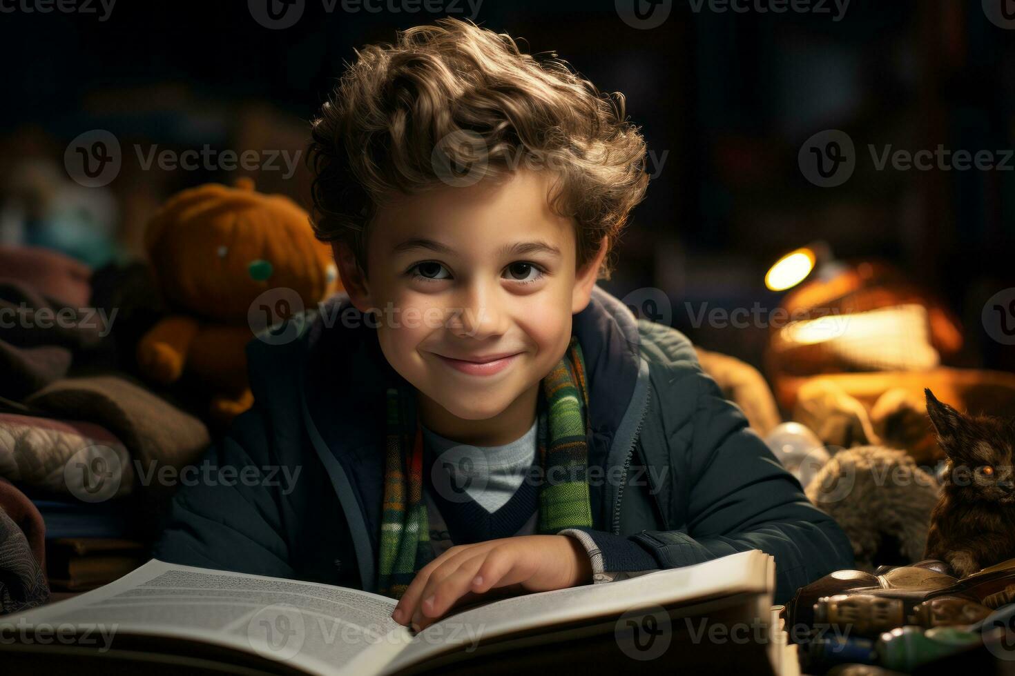a young boy is smiling while reading a book generative ai photo