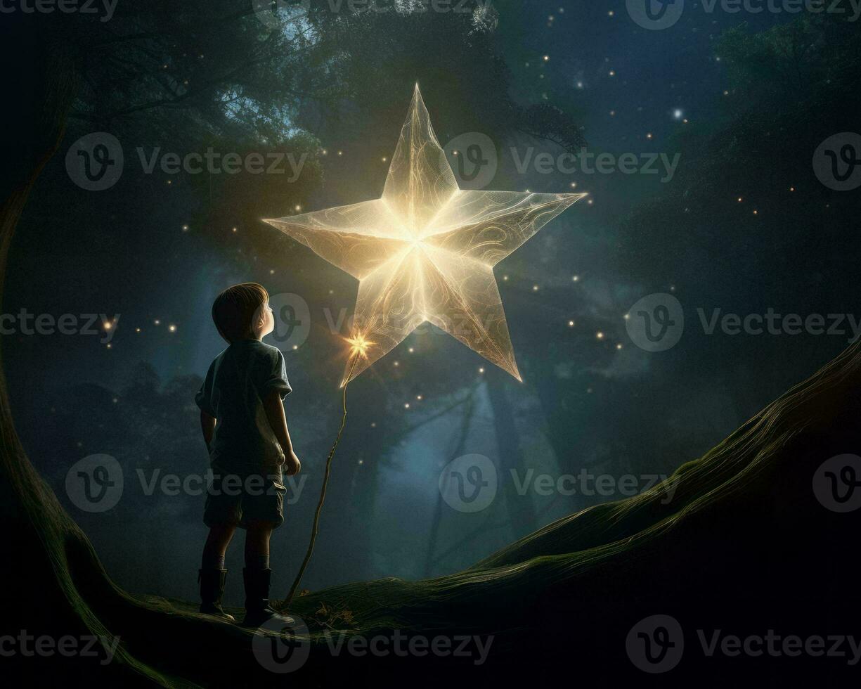 a young boy standing in front of a star in the woods generative ai photo