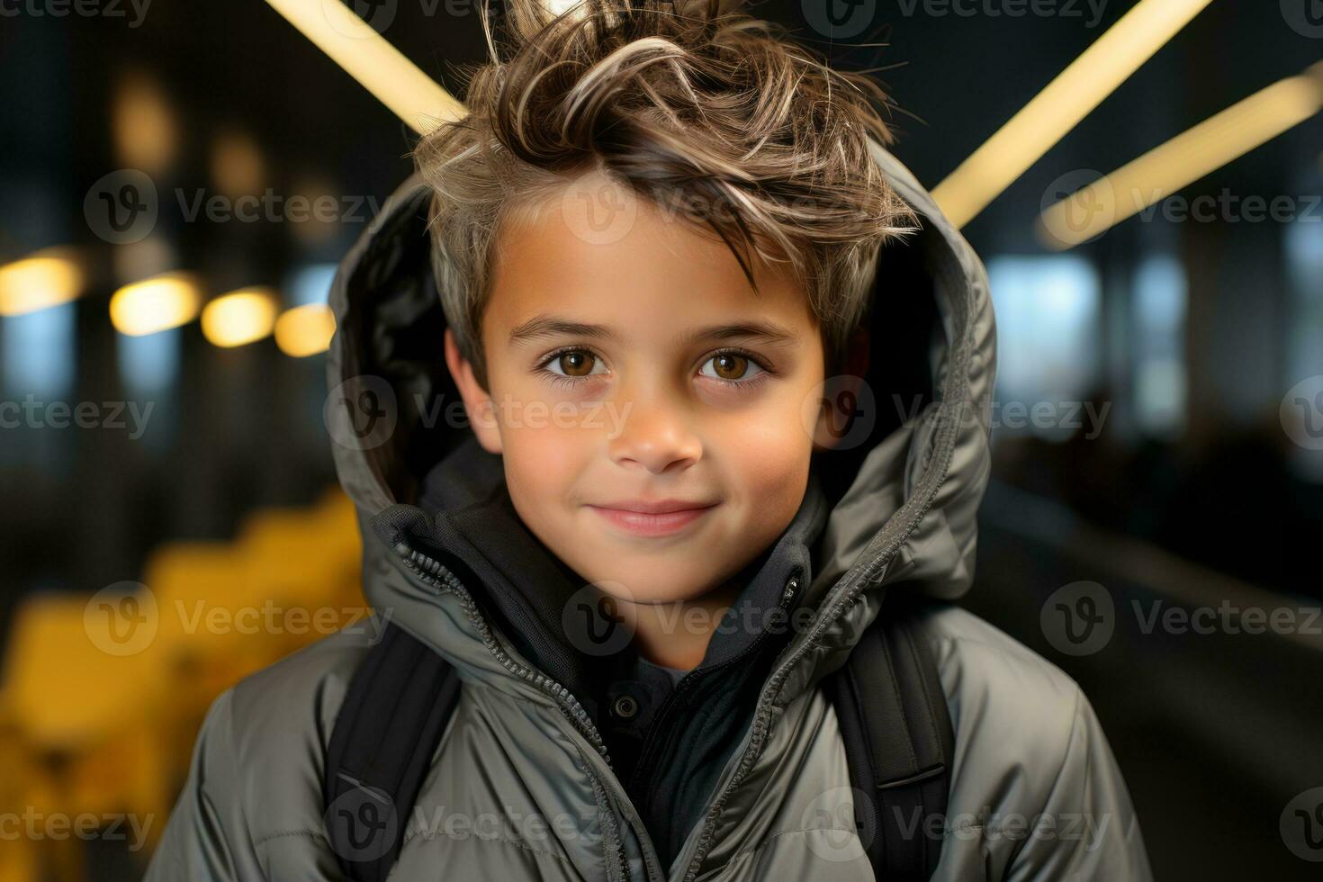 a young boy wearing a jacket and looking at the camera generative ai photo