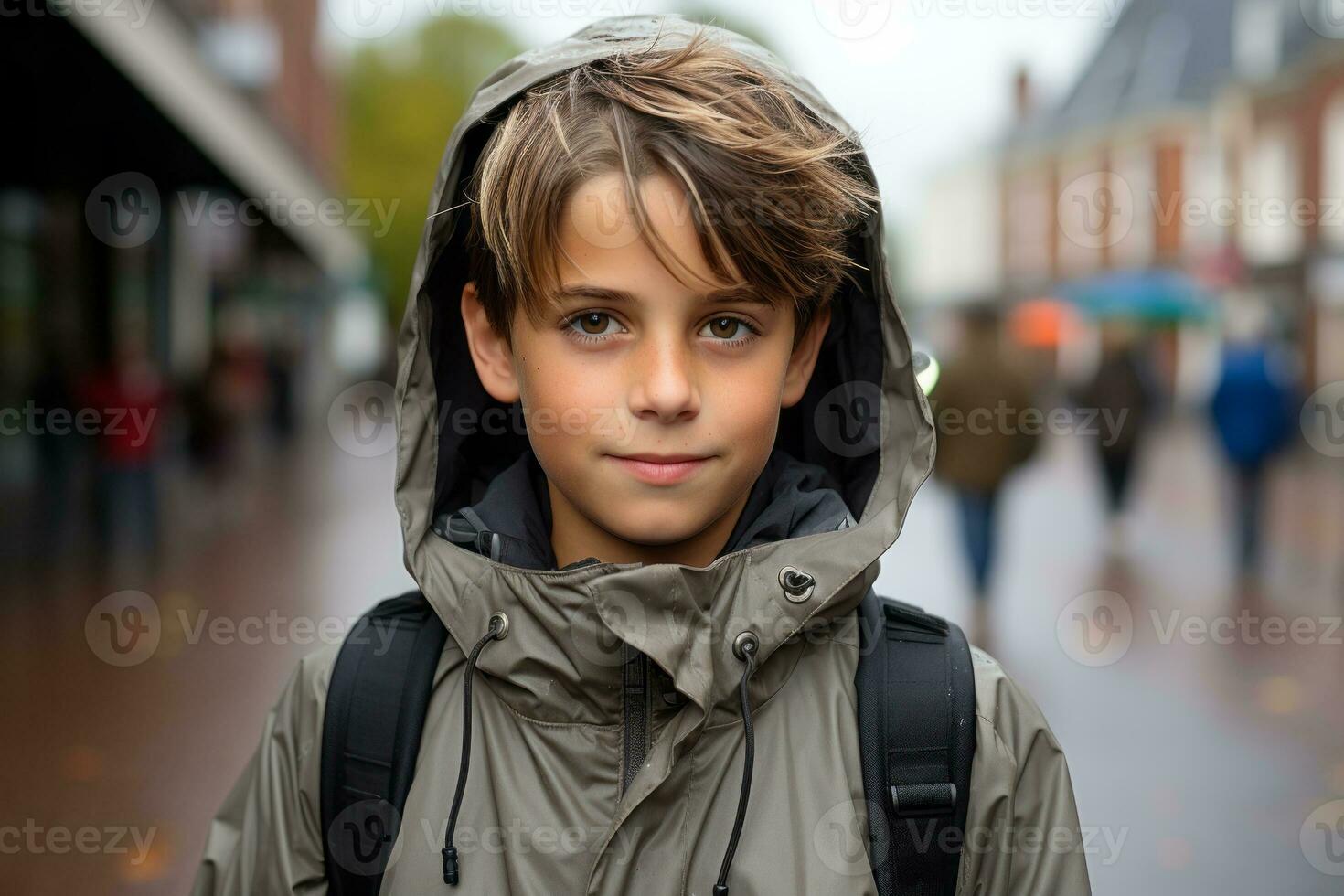 a young boy wearing a rain jacket on a city street generative ai photo