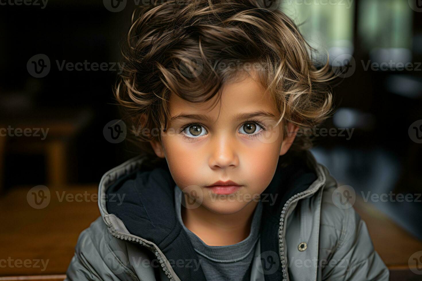 a young boy with curly hair sitting at a table generative ai photo