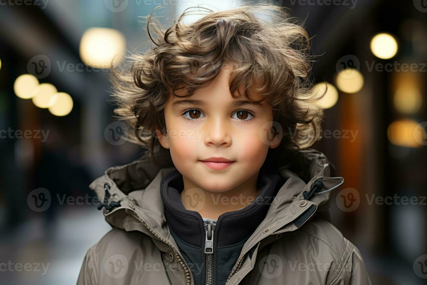 a young boy with curly hair wearing a jacket generative ai photo