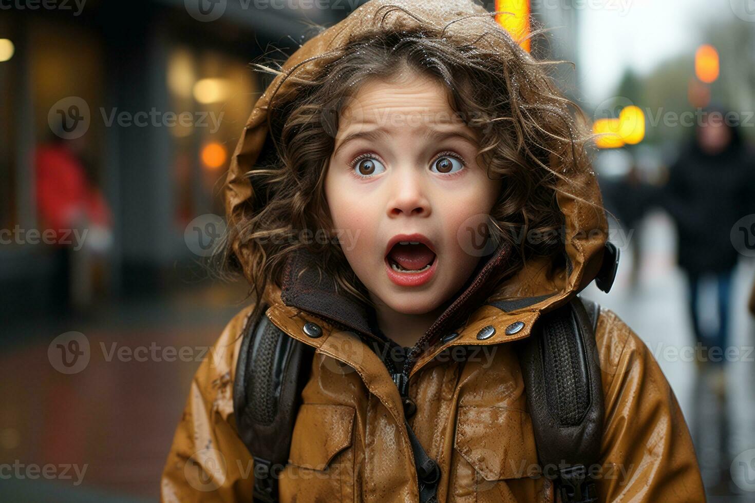 a young child with an open mouth on a rainy day generative ai photo