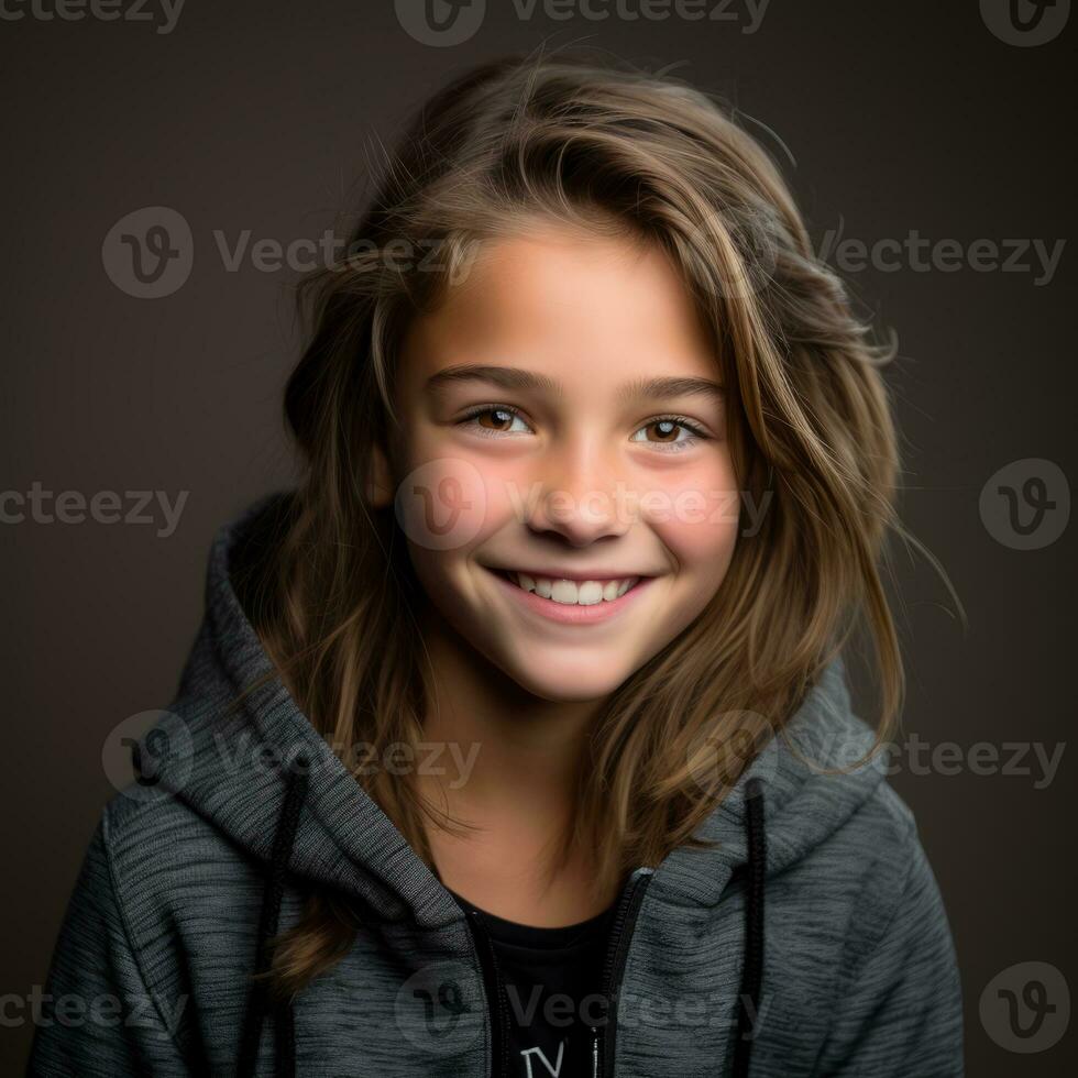 a young girl in a hoodie smiling for the camera generative ai photo