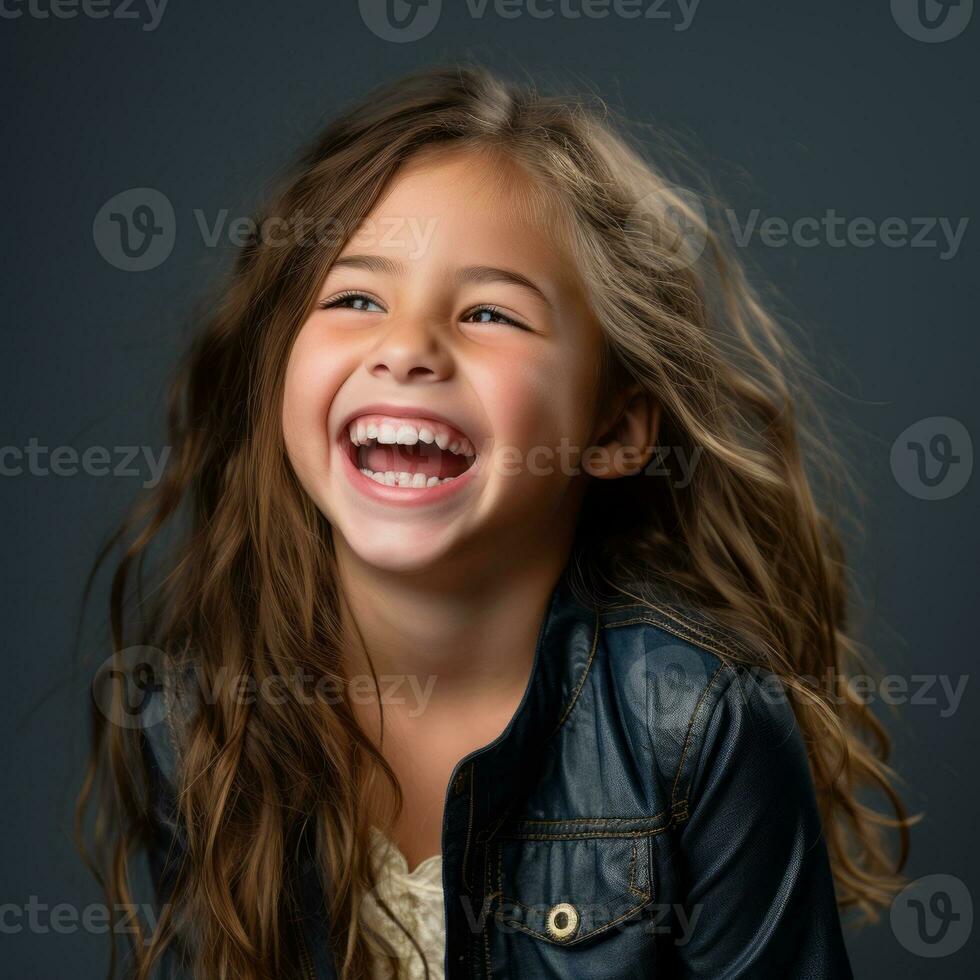 a young girl is laughing while wearing a leather jacket generative ai photo