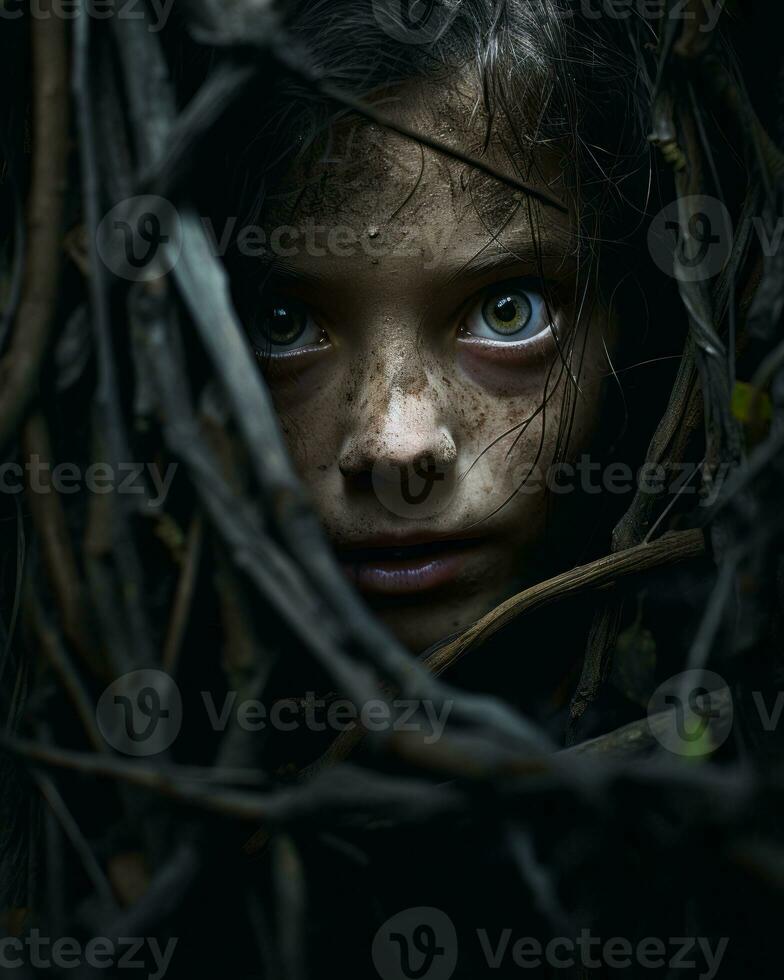 a young girl peeking out from the branches of a tree generative ai photo
