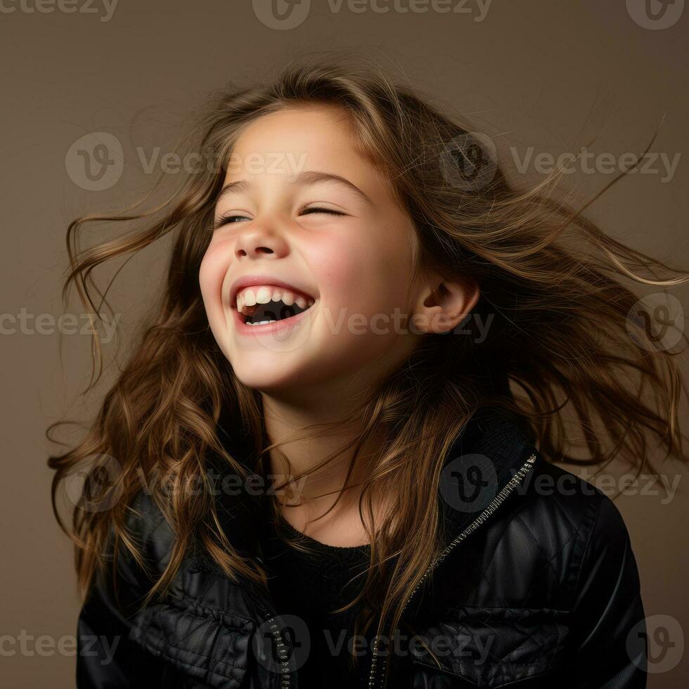 a young girl laughing while wearing a black jacket generative ai photo