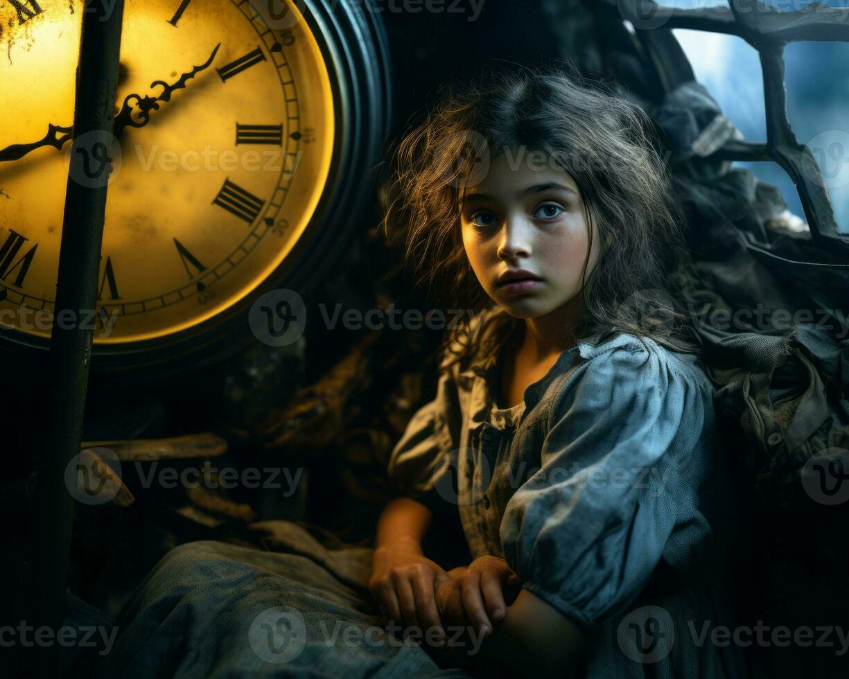 a young girl sitting in front of an old clock generative ai photo