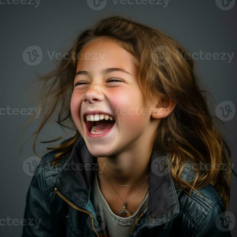 a young girl laughing while wearing a leather jacket generative ai photo
