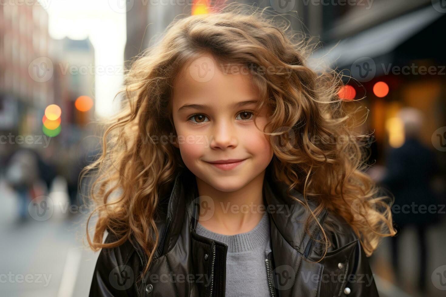 a young girl with curly hair standing in the middle of a city street generative ai photo