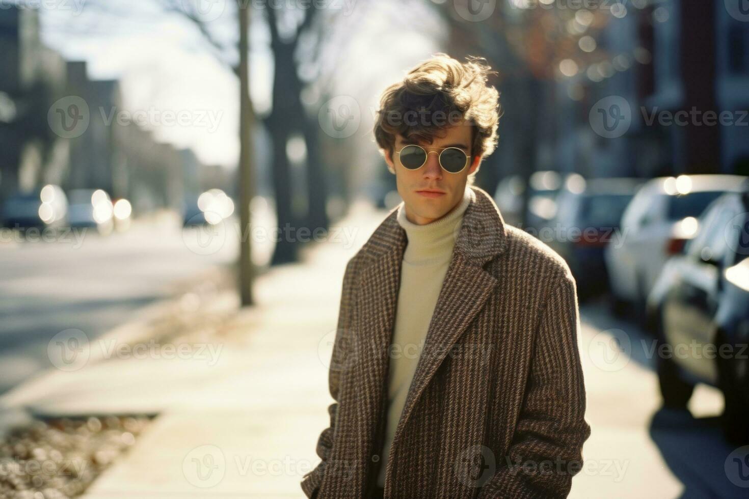 a young man in a coat and sunglasses standing on a street generative ai photo