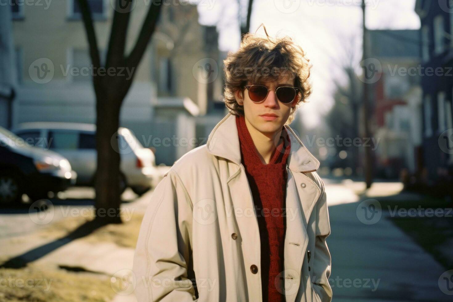 a young man in a coat and sunglasses standing on a street generative ai photo