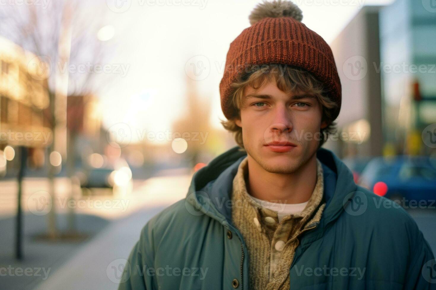 a young man in a coat and hat standing on a street generative ai photo