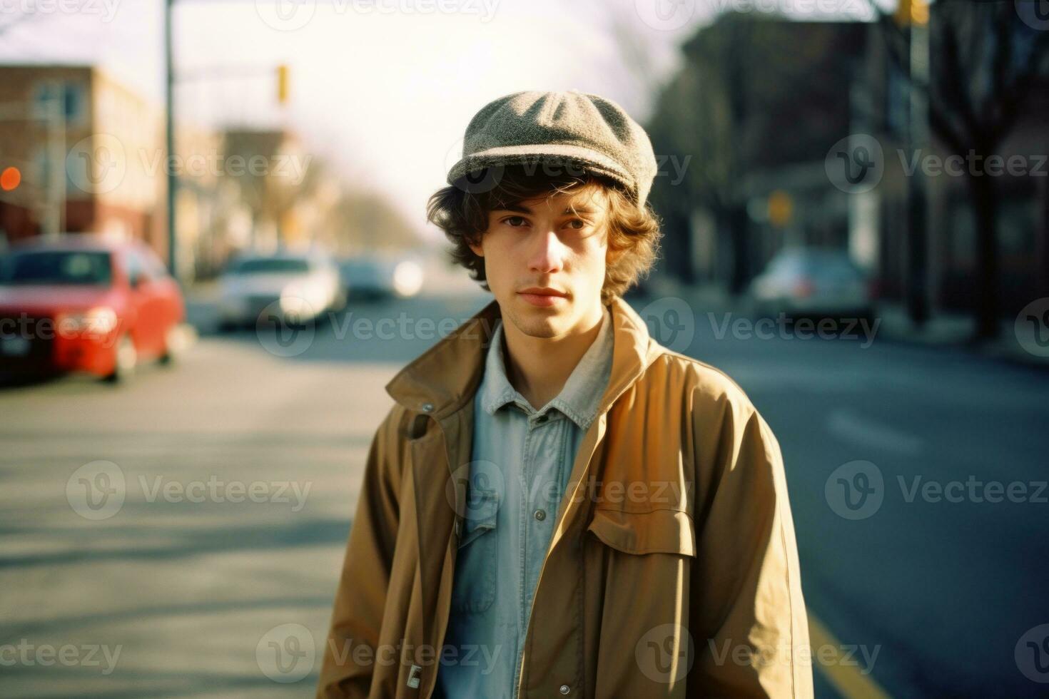 a young man in a hat and jacket standing on the street generative ai photo