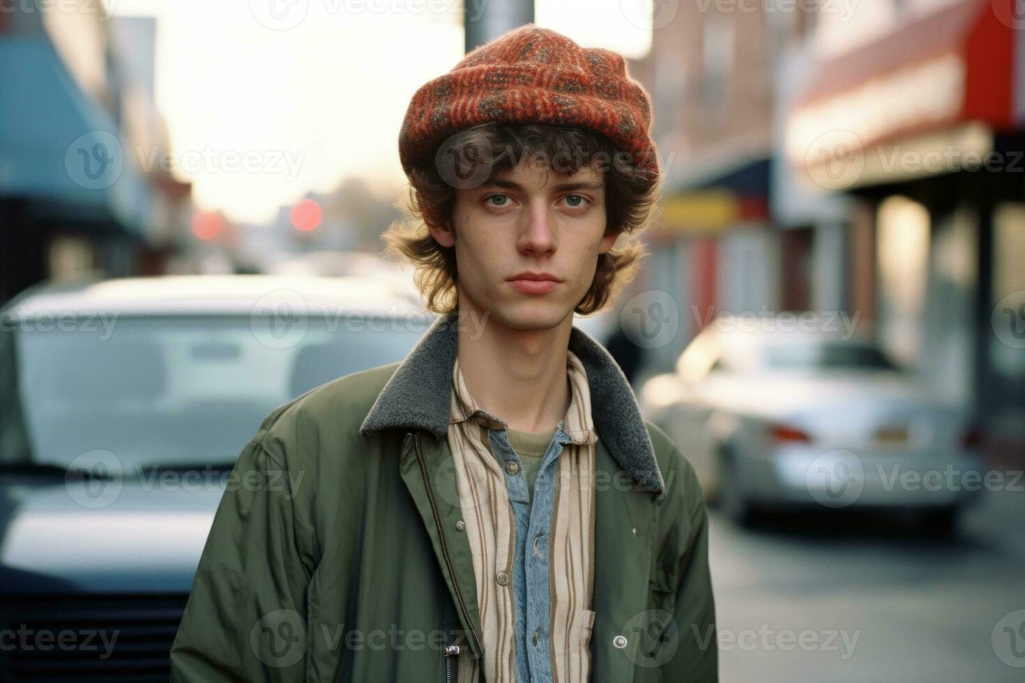 a young man wearing a hat and jacket standing in front of a car generative ai photo