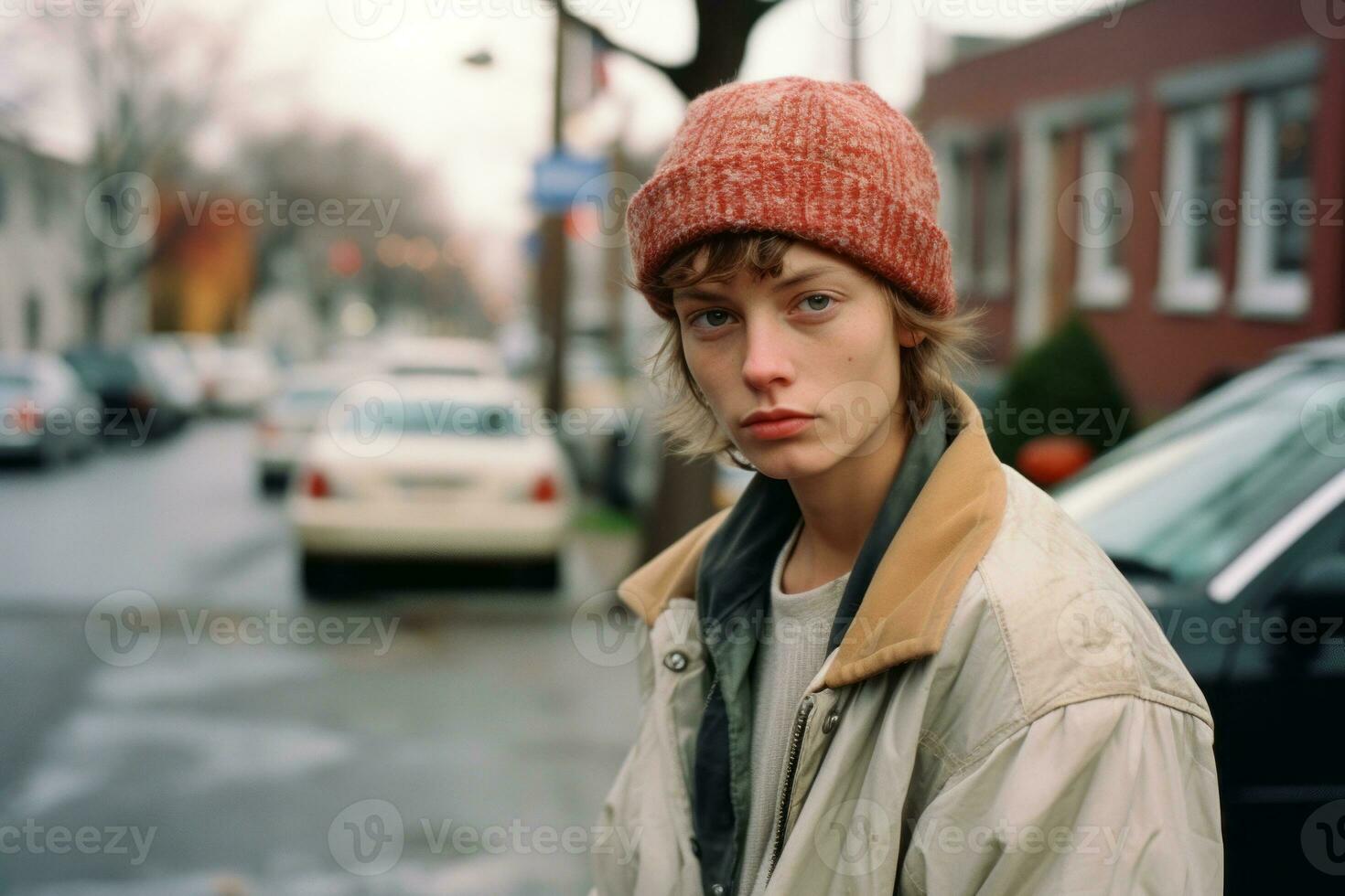 a young man wearing a hat and jacket standing on the street generative ai photo