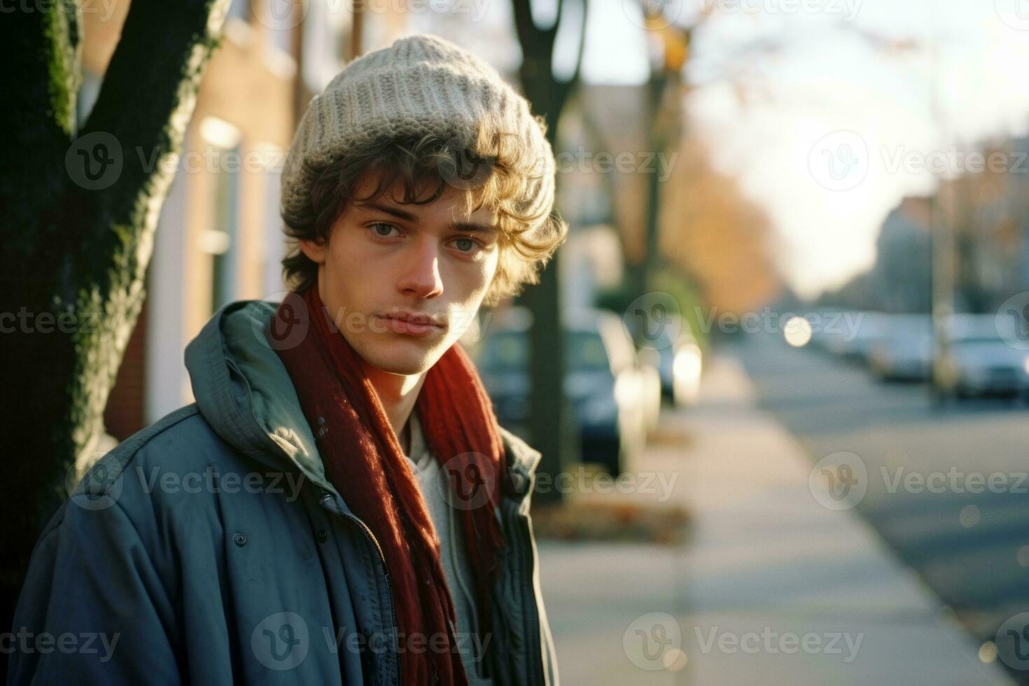 a young man wearing a beanie and scarf standing on a street generative ai photo