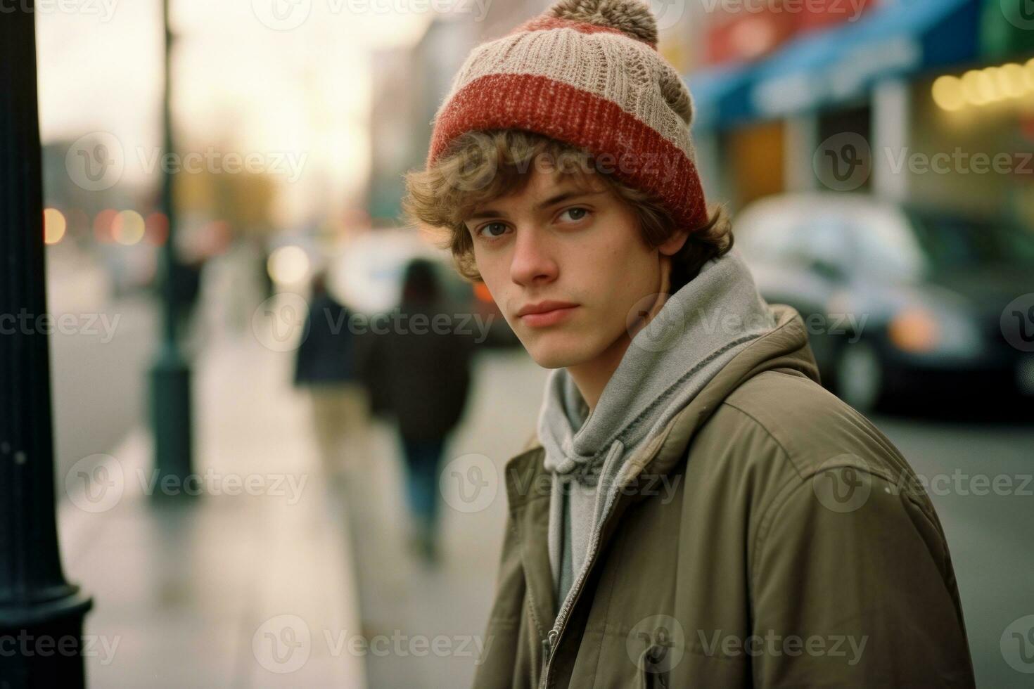a young man wearing a beanie and jacket standing on a city street generative ai photo