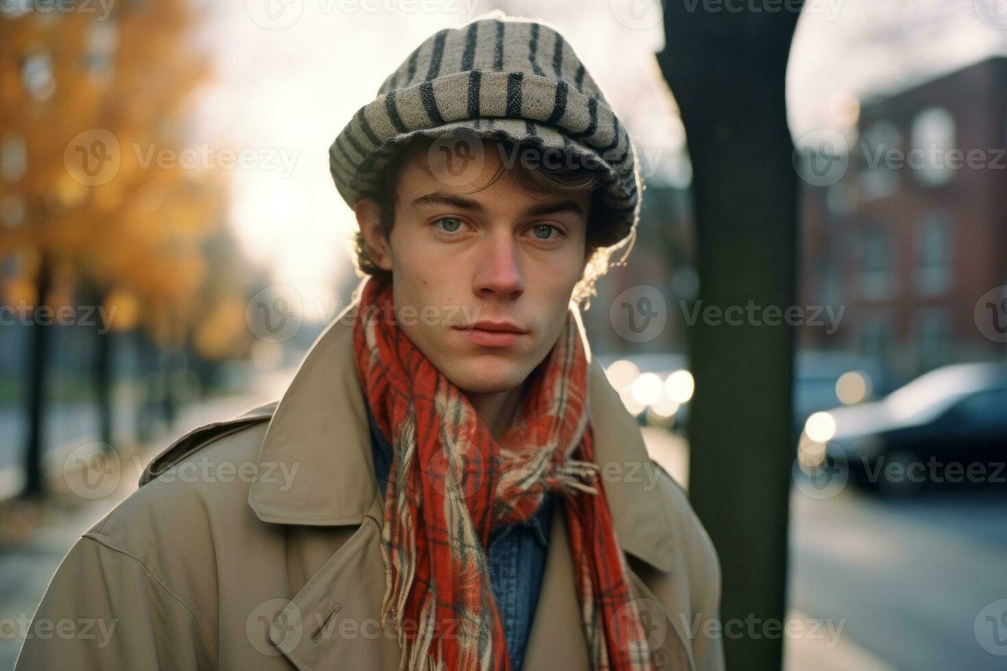a young man wearing a hat and scarf standing on a street generative ai photo