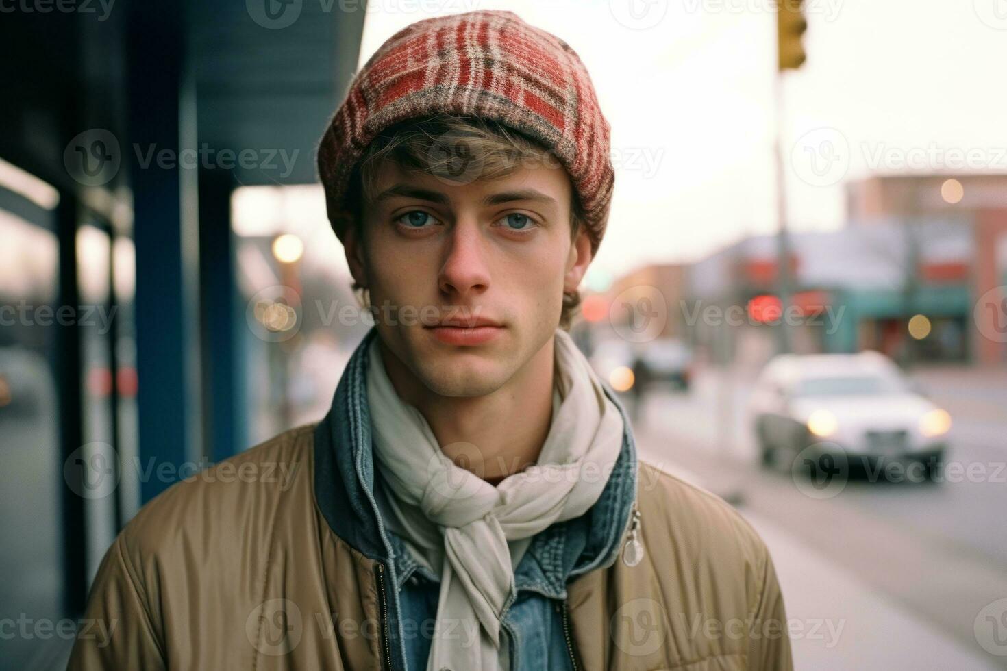 a young man wearing a hat and scarf on the street generative ai photo