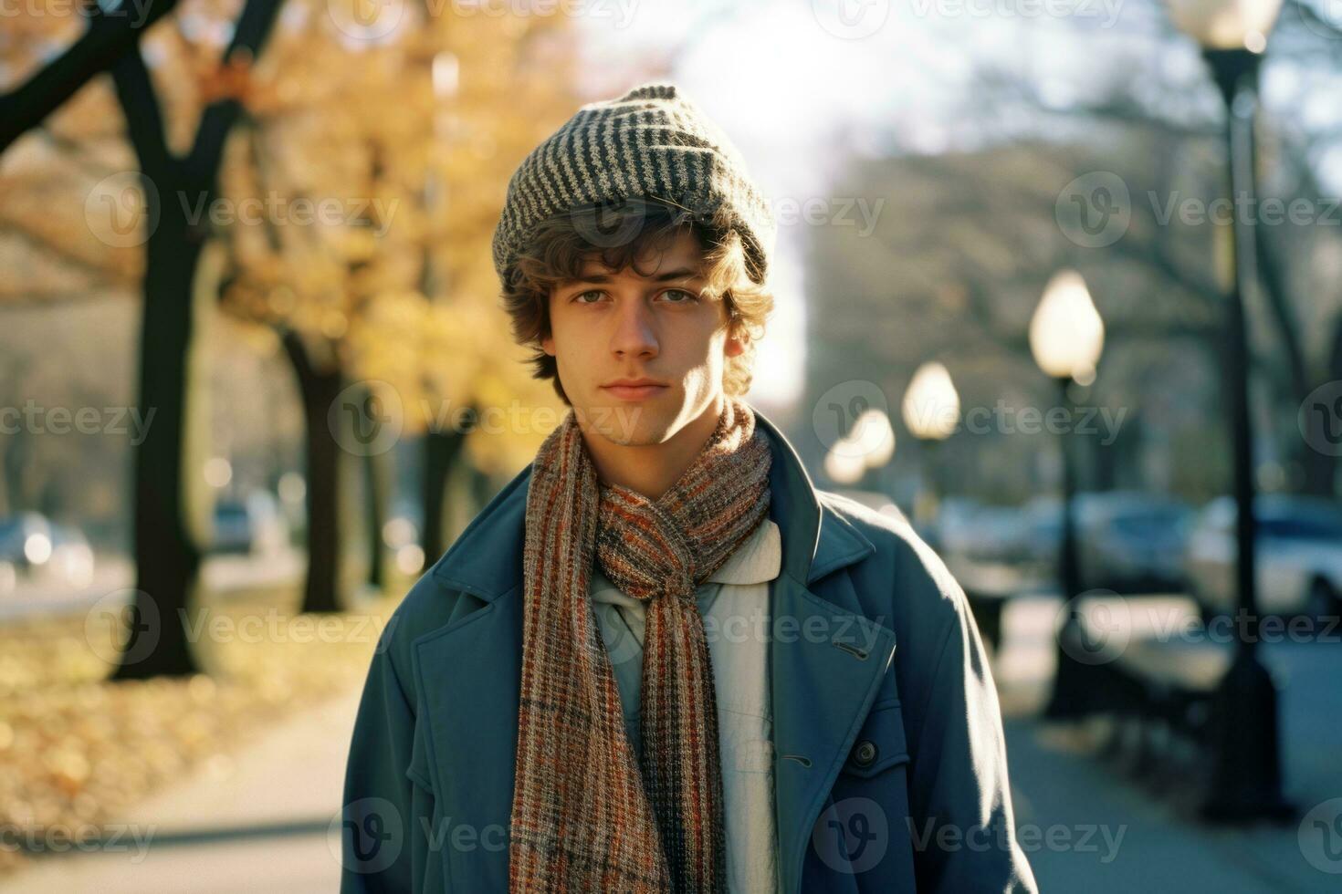 a young man wearing a hat and scarf standing on a street generative ai photo