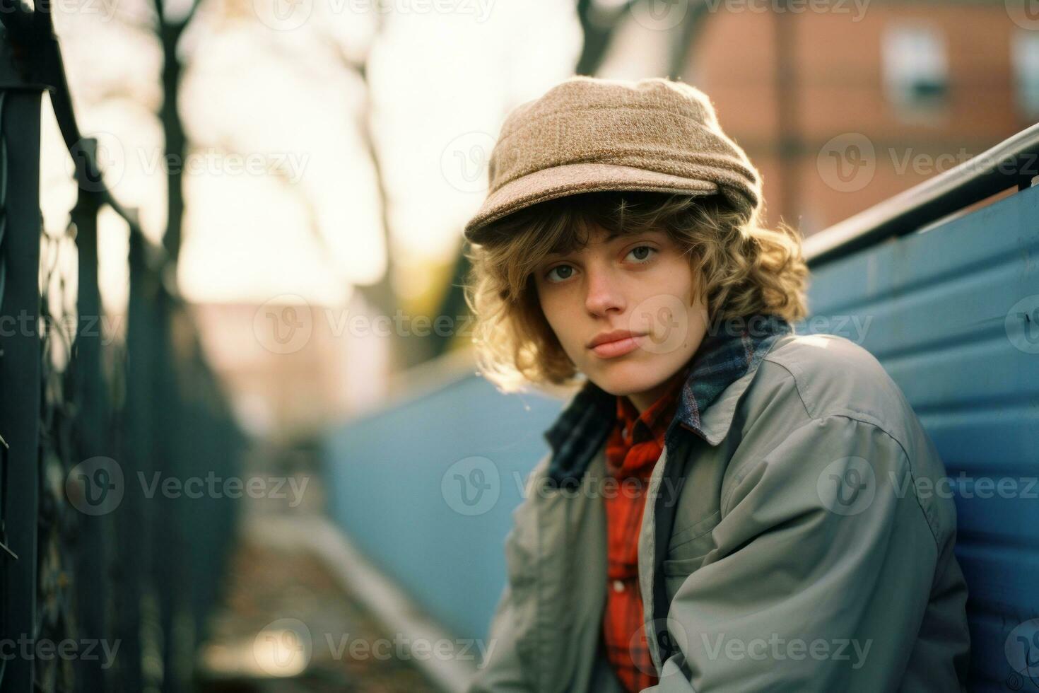 a young man wearing a hat sitting on a bench generative ai photo