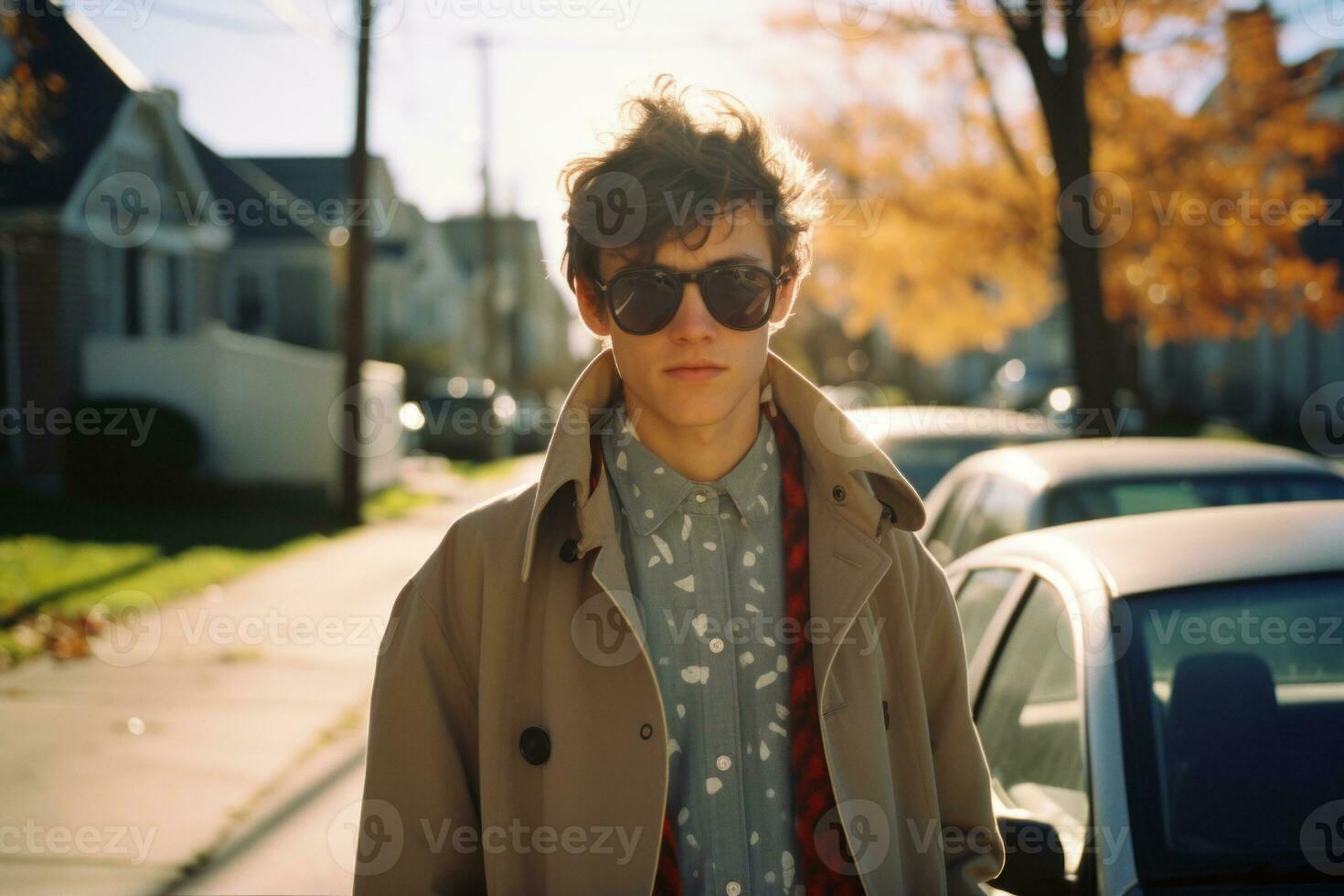a young man wearing sunglasses and a trench coat standing in front of a parked car generative ai photo