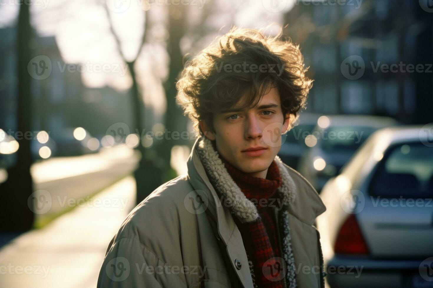 a young man with curly hair standing on a street generative ai photo