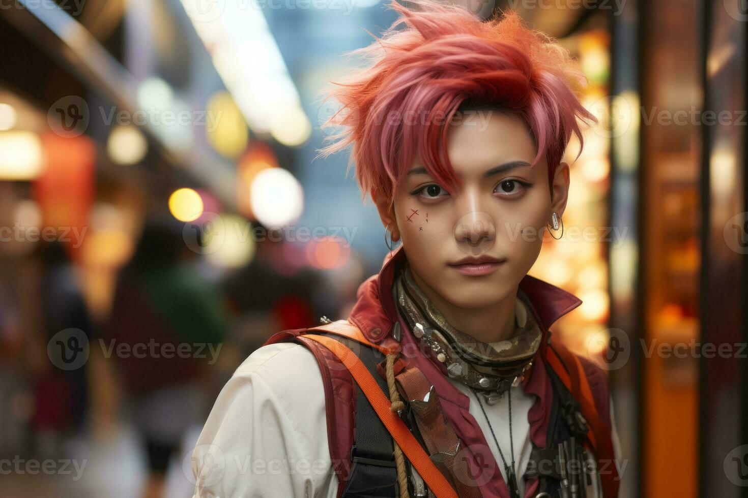 a young man with pink hair standing in a city street generative ai photo
