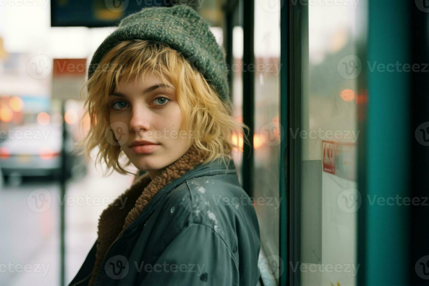 a young woman in a beanie and jacket leaning against a bus stop generative ai photo