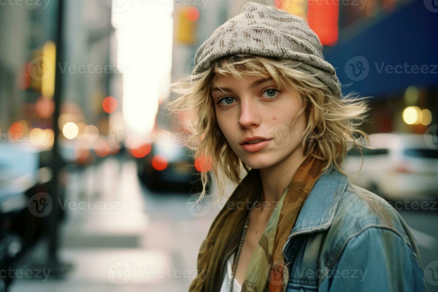 a young woman in a beanie and jacket standing on a city street generative ai photo