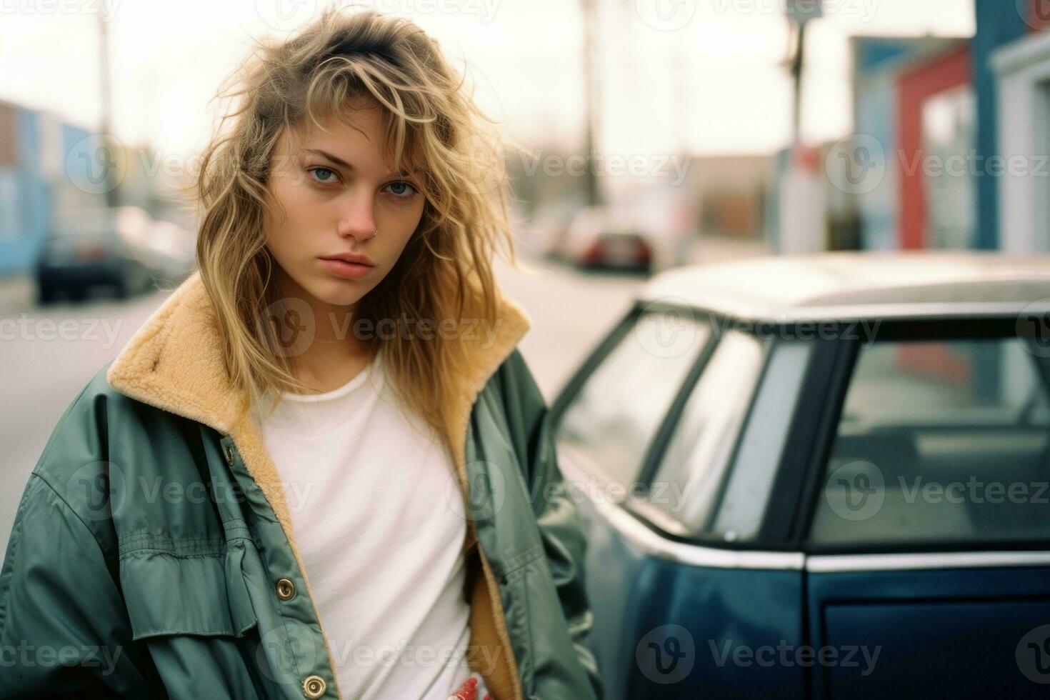 a young woman in a green jacket standing next to a blue car generative ai photo