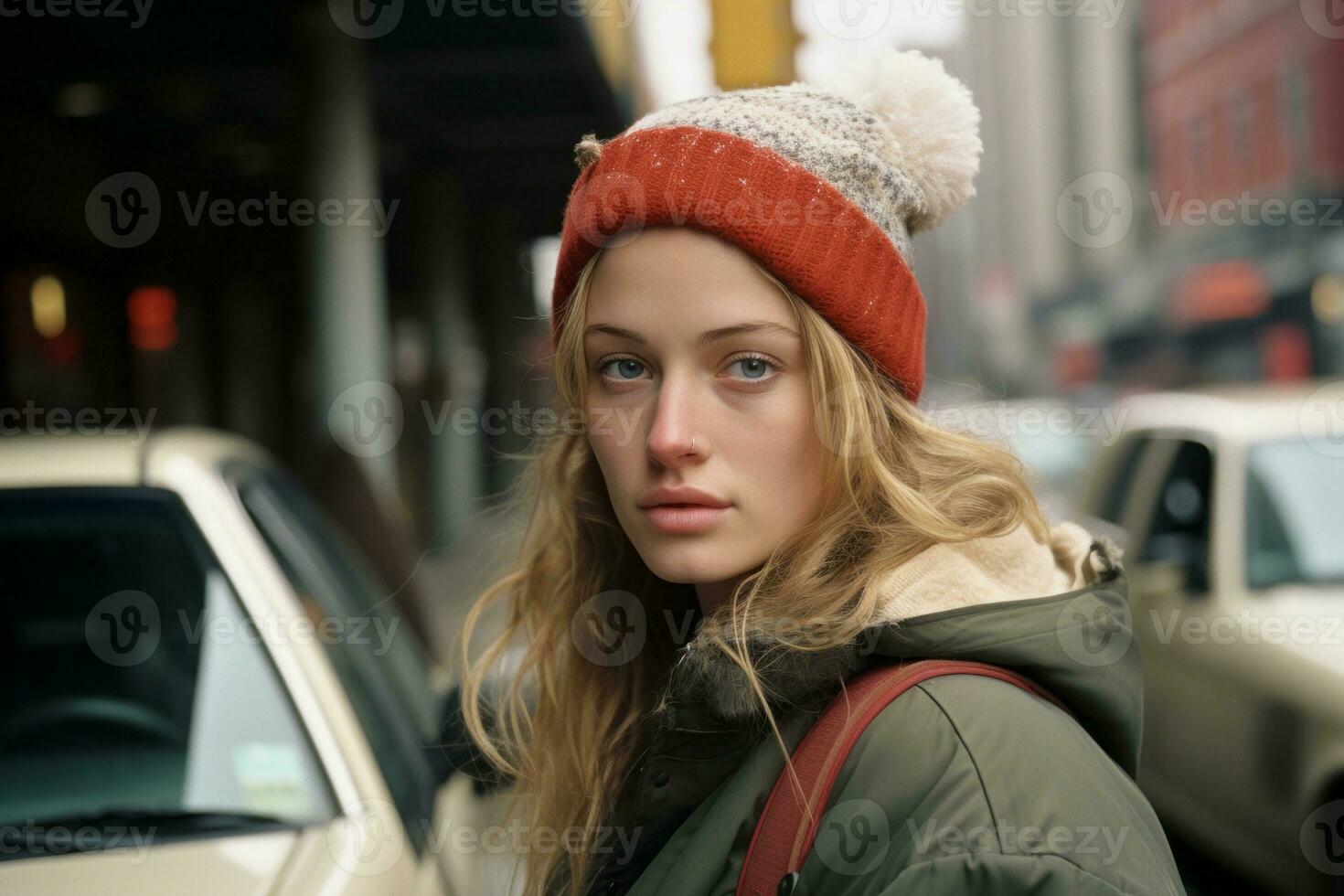 a young woman in a winter hat and coat standing on the side of the road generative ai photo