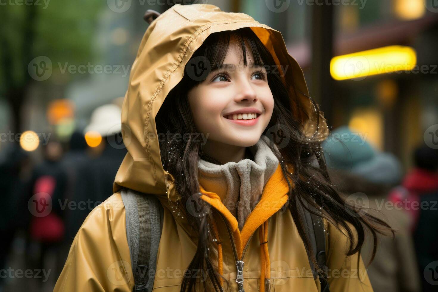 a young woman in a yellow raincoat smiles as she walks down the street generative ai photo