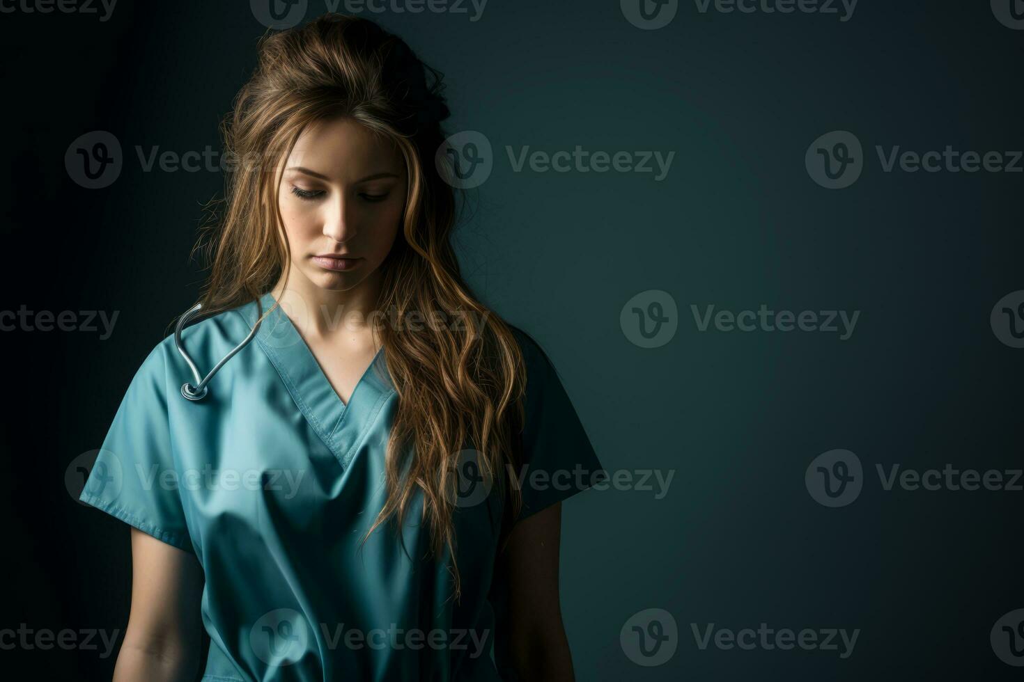 a young woman in blue scrubs standing in front of a dark background generative ai photo